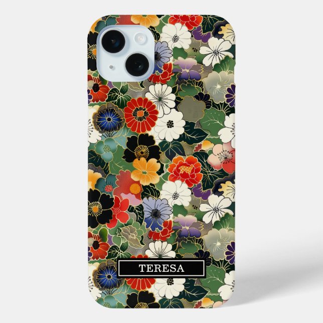 Farbenfrohes japanisches Blumenmuster mit Monogram Case-Mate iPhone Hülle (Rückseite)