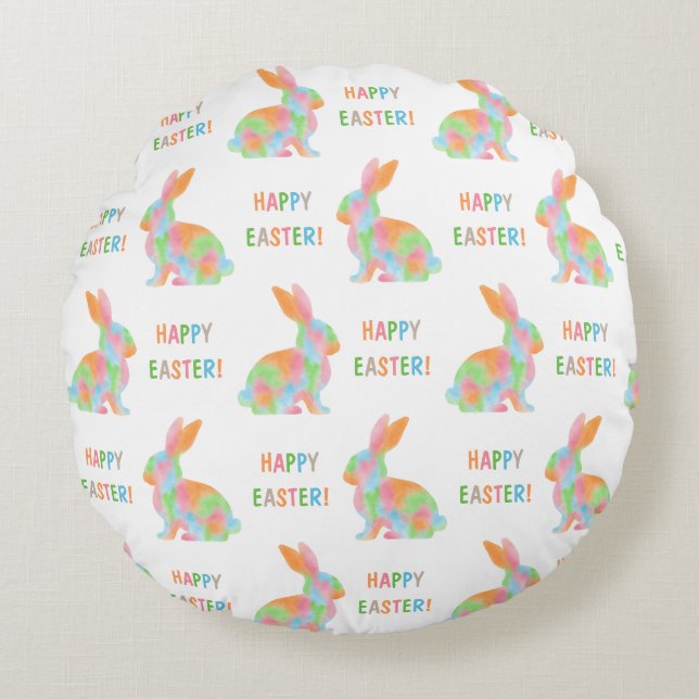 Farbenfrohes Kaninchenmuster mit Happy Easter Text Rundes Kissen (Vorderseite)