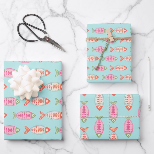 Farbenfrohes Küsten-Sommer-Fisch-Muster Geschenkpapier Set (Vorderseite)