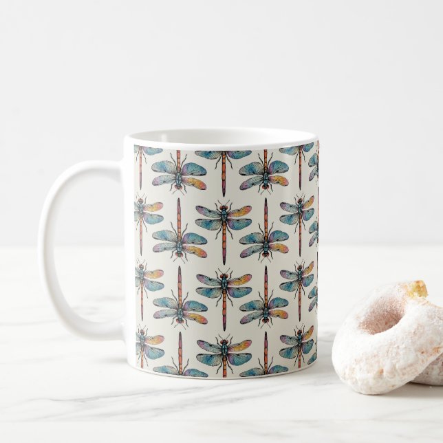 Farbenfrohes Libellenmuster Kaffeetasse (Mit Donut)
