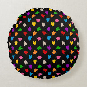 Farbenfrohes Liebesherzen Muster Design Schwarz Rundes Kissen
