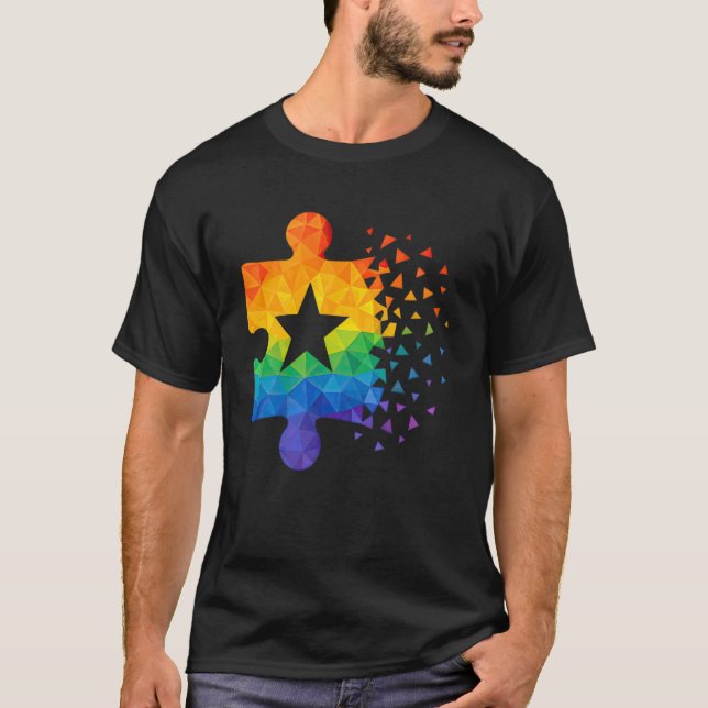 Farbenfrohes Low Poly Regenbogen-Puzzleteil Autism T-Shirt (Vorderseite)