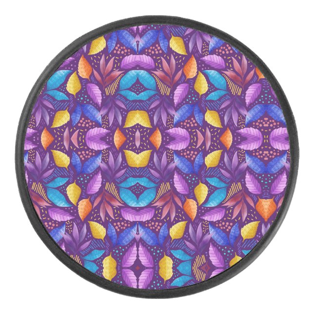 Farbenfrohes Mandala-Design auf violettem Hintergr Eishockey Puck (Vorderseite)