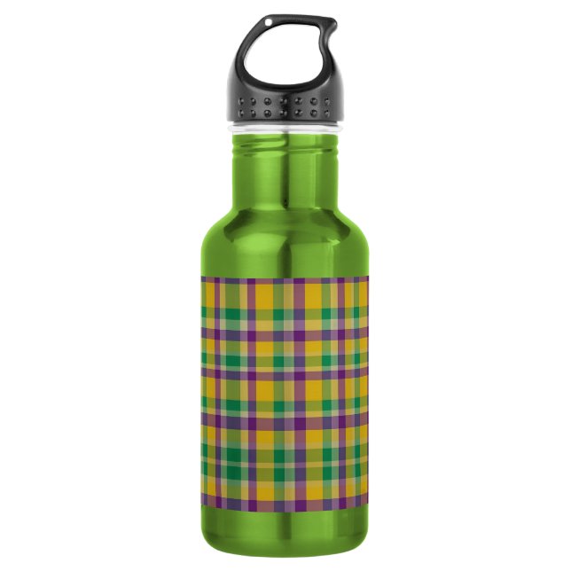 Farbenfrohes Mardi Gras Gingham-Muster Edelstahlflasche (Vorderseite)