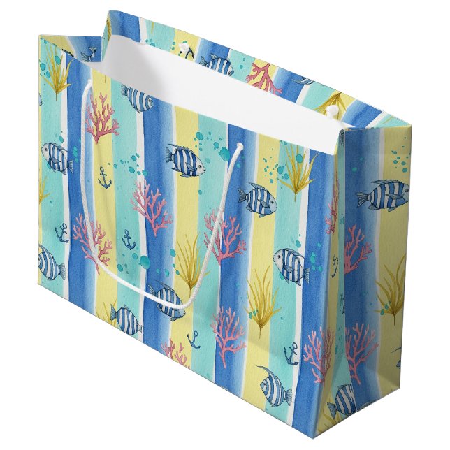 Farbenfrohes Meeresleben-Küstenmuster (10) Große Geschenktüte (Vorderseite Schrägansicht)