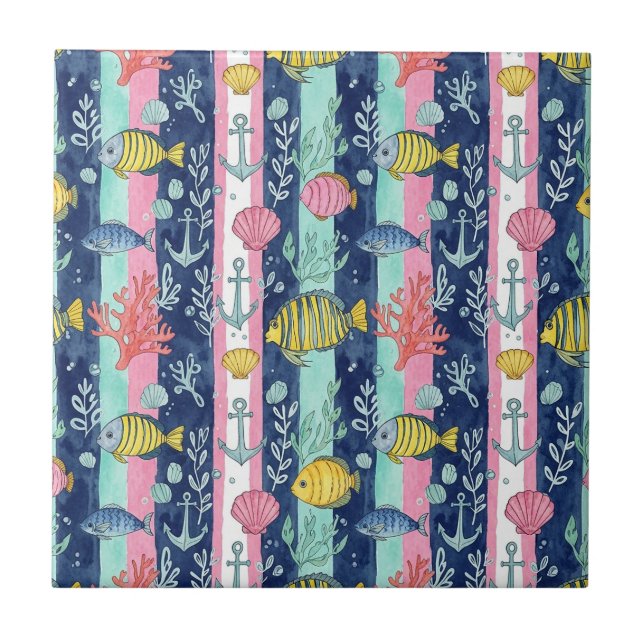 Farbenfrohes Meeresleben-Küstenmuster (2) Fliese (Vorderseite)