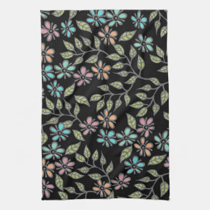 Farbenfrohes mehrfarbiges Blumendesign mit schwarz Geschirrtuch