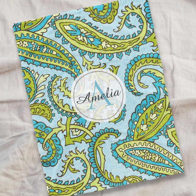 Farbenfrohes Monogramm Paisley Blau Boho Chic Maßa Fleecedecke (Von Creator hochgeladen)