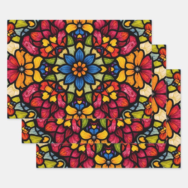 Farbenfrohes Mosaik-Blumenmuster abstrakt  Geschenkpapier Set (Set)