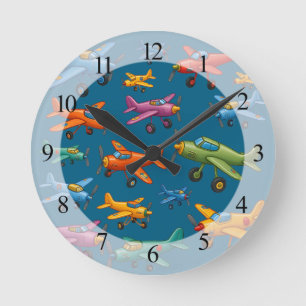Farbenfrohes Muster vintage Flugzeuge – Retro Avia Runde Wanduhr