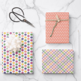 Farbenfrohes Orange, Gelb, Blau und Rosa Muster Geschenkpapier Set
