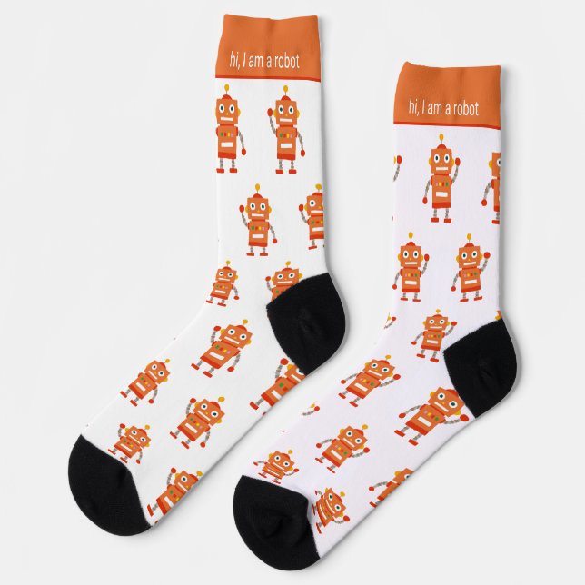 Farbenfrohes Orange-Roboter-Muster und Text Socken (Linkes Detail)