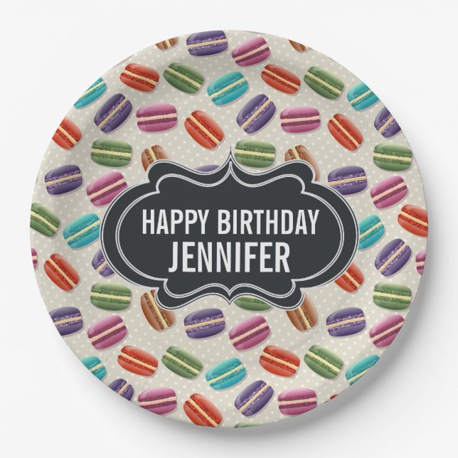 Farbenfrohes Pariser Macarons-Muster Geburtstag Pappteller (Vorderseite)
