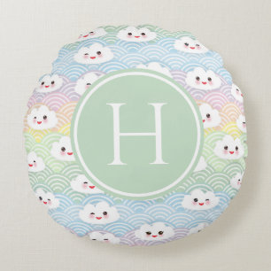 Farbenfrohes Pastell-Kawaii-Wolkenmuster-Monogramm Rundes Kissen