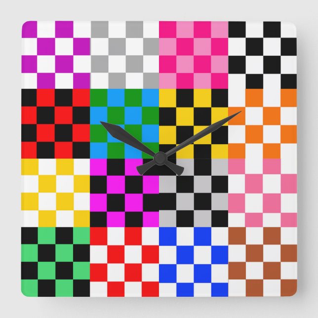 Farbenfrohes Patchwork Karomuster Design  Quadratische Wanduhr (Vorderseite)