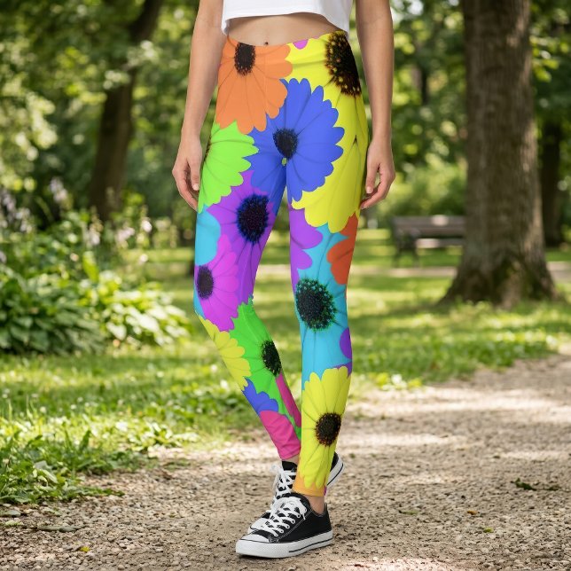 Farbenfrohes psychedelisches Gänseblümchen-Blumenm Leggings (Colorful Psychedelic Daisy Floral Pattern. Leggings)