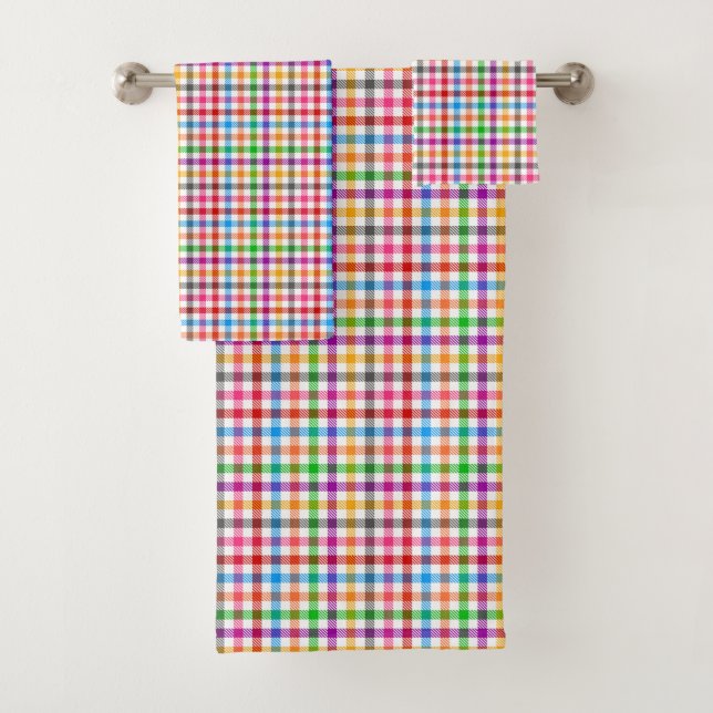 Farbenfrohes Regenbogen-Gingham-Karo-Design - Weiß Badhandtuch Set (Insitu)