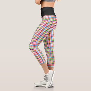 Farbenfrohes Regenbogen-Gingham-Karo-Design - Weiß Capri Leggings