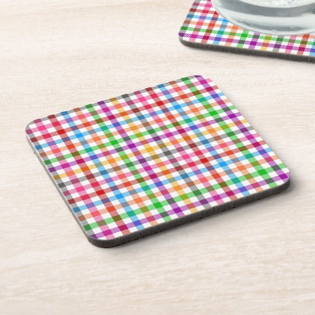 Farbenfrohes Regenbogen-Gingham-Karo-Design - Weiß Getränkeuntersetzer (Linke Seite)