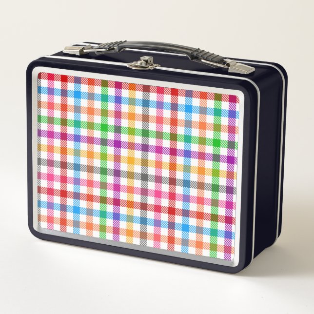 Farbenfrohes Regenbogen-Gingham-Karo-Design - Weiß Metall Brotdose (Vorderseite)
