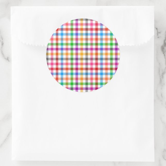 Farbenfrohes Regenbogen-Gingham-Karo-Design - Weiß Runder Aufkleber (Tasche)