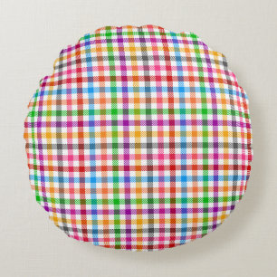 Farbenfrohes Regenbogen-Gingham-Karo-Design - Weiß Rundes Kissen