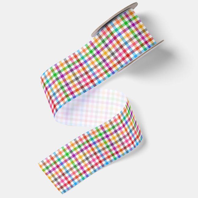 Farbenfrohes Regenbogen-Gingham-Karo-Design - Weiß Satinband (Rückseite)