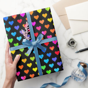 Farbenfrohes Regenbogen-Herzen-Streifenmuster Geschenkpapier