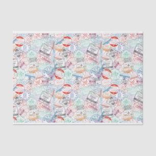 Farbenfrohes Reise-Stempel- oder Postzeichen-Muste Seidenpapier