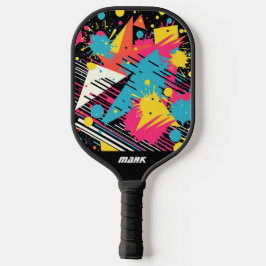 Farbenfrohes Retro-80er-Splatter-Muster mit Monogr Pickleball Schläger