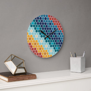 Farbenfrohes Retro-Blumen-Mosaik-Sechseck-Muster Große Wanduhr