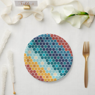 Farbenfrohes Retro-Blumen-Mosaik-Sechseck-Muster Pappteller