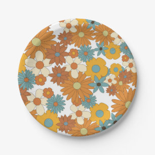 Farbenfrohes Retro-Blumenmuster Pappteller