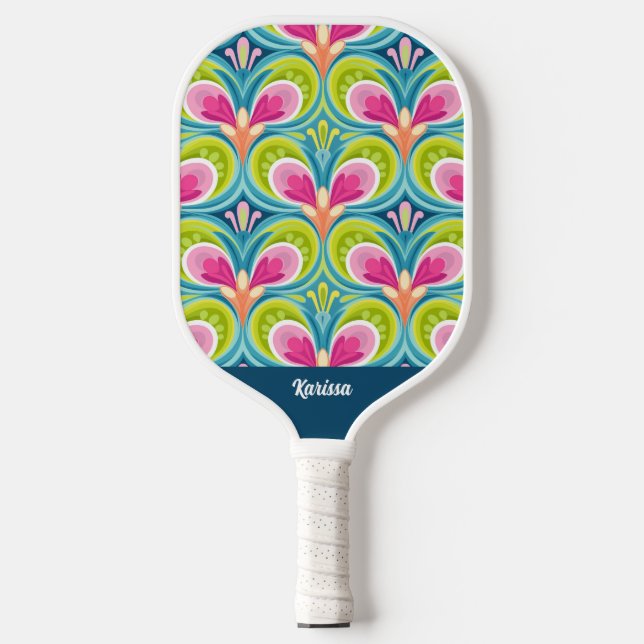 Farbenfrohes Retro-Muster Monogramm Name Pickleball Schläger (Vorderseite)