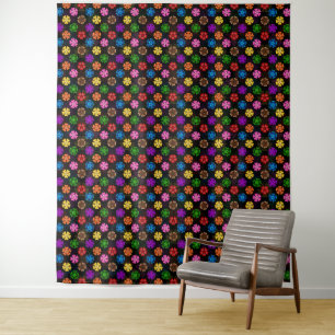 Farbenfrohes Retro-Regenbogen-Blumen-Design Schwar Wandteppich