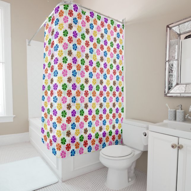 Farbenfrohes Retro-Regenbogen-Blumen-Design Weiß  Duschvorhang (Beispiel)