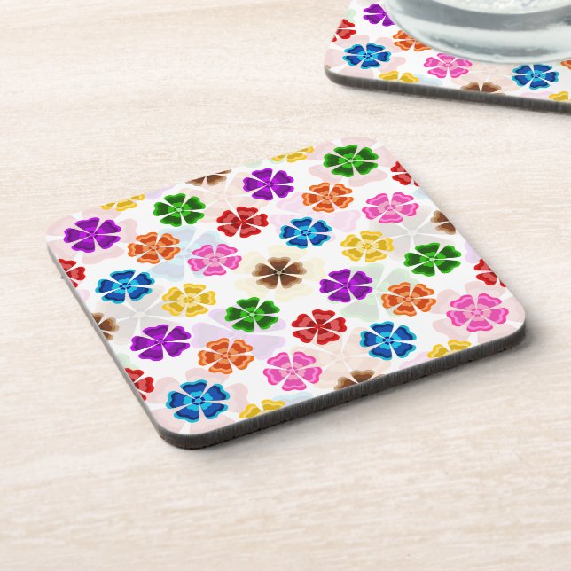 Farbenfrohes Retro-Regenbogen-Blumen-Design Weiß  Getränkeuntersetzer (Linke Seite)