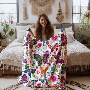 Farbenfrohes Retro-Schmetterlinge und Blumen Muste Fleecedecke