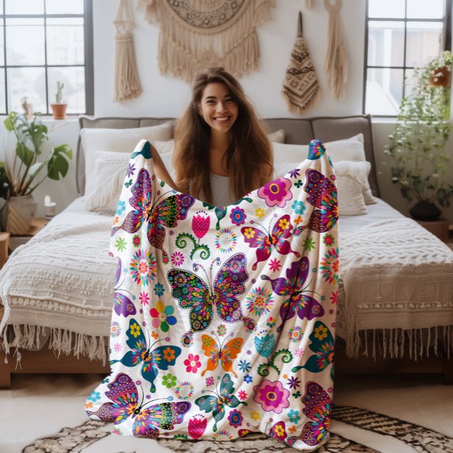 Farbenfrohes Retro-Schmetterlinge und Blumen Muste Fleecedecke (Von Creator hochgeladen)