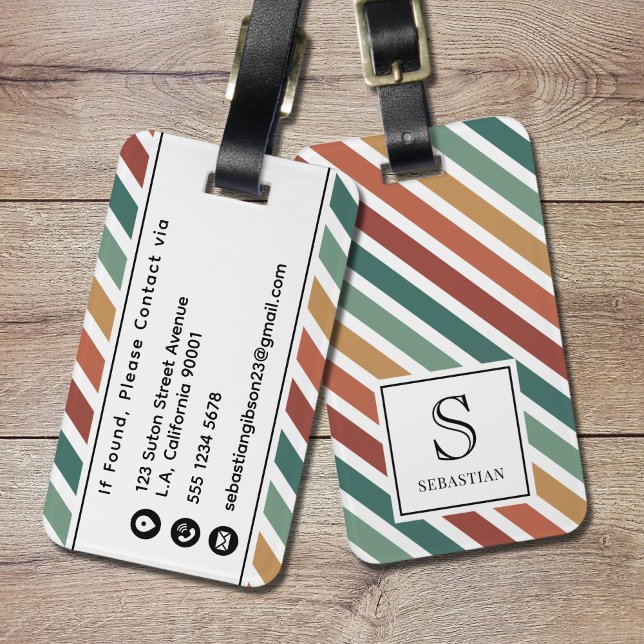Farbenfrohes Retro-Streifenmuster Monogramm und Na Gepäckanhänger (Von Creator hochgeladen)