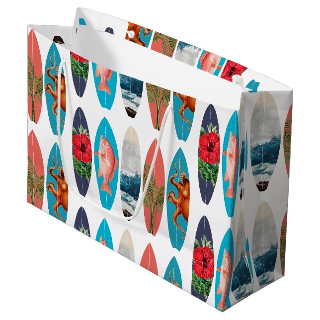 Farbenfrohes Retro-Surfbrettmuster Große Geschenktüte (Vorderseite Schrägansicht)