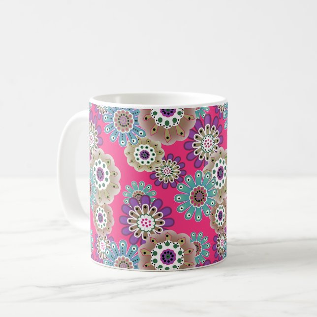 Farbenfrohes rustikales Blumenmuster retro  Kaffeetasse (Vorderseite Links)