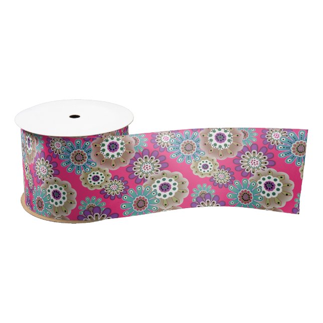 Farbenfrohes rustikales Blumenmuster retro  Satinband (Spule)