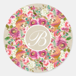 Farbenfrohes Rustikales Kraft-Blumenmonogramm als Runder Aufkleber