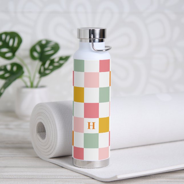 Farbenfrohes Schachbrett-Monogramm Trinkflasche (Yoga)