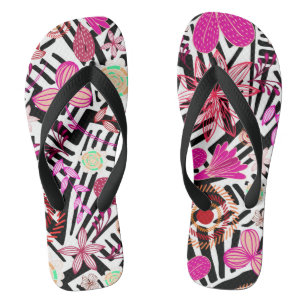 Farbenfrohes schickes Schwarz-Weiß-Blumenmuster Flip Flops
