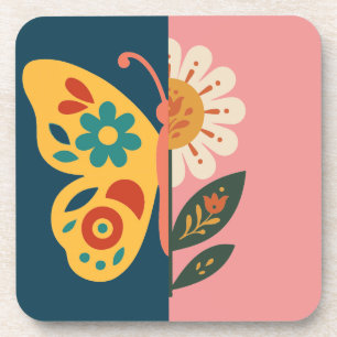 Farbenfrohes Schmetterling- und Blumen-Design Getränkeuntersetzer