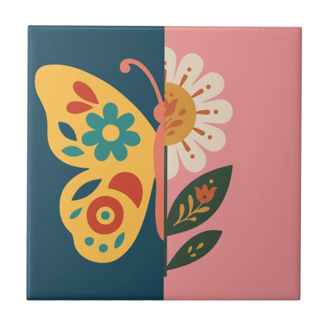 Farbenfrohes Schmetterling- und Blumendesign Fliese (Vorderseite)