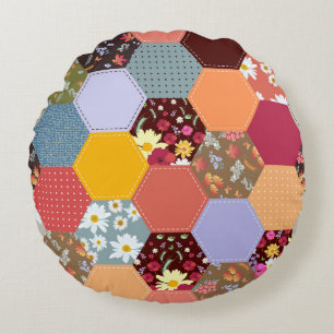 Farbenfrohes Sechseck-Blumen- Quilt-Design Rundes Kissen