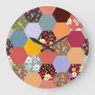 Farbenfrohes Sechseck-Blumen- Quiltmuster Große Wanduhr